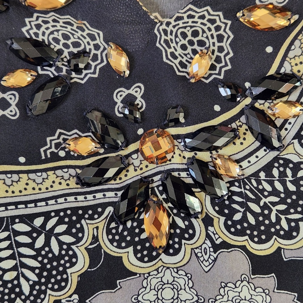 Hale Bob Lounge XS Black Paisley Beaded Sheer Silk Blouse Flowy Velvet Embossed - Picture 4 of 11